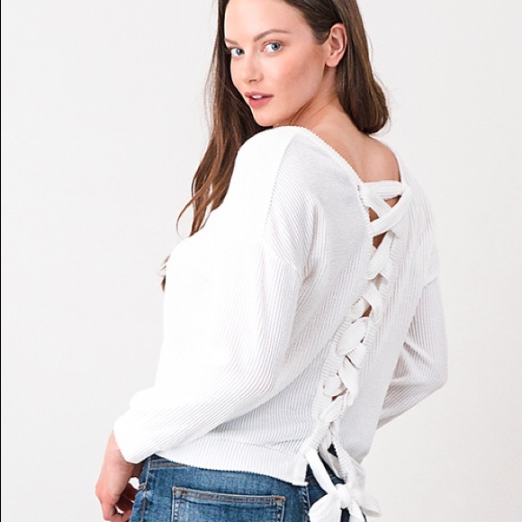 White Ribbed Lace Up Sweater - Picture 2 of 5